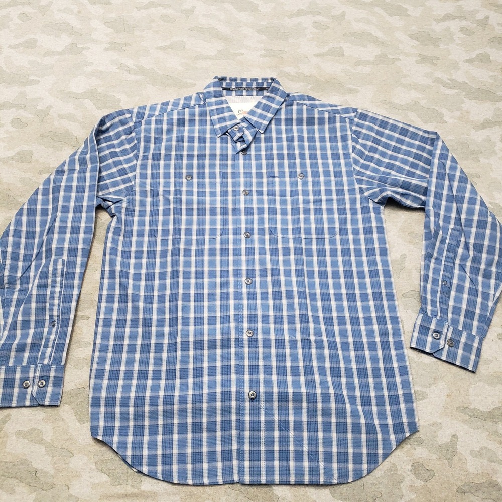 Worldwide Sportsman Shirt Mens Small Blue Plaid Check Long Sleeve Button Fishing